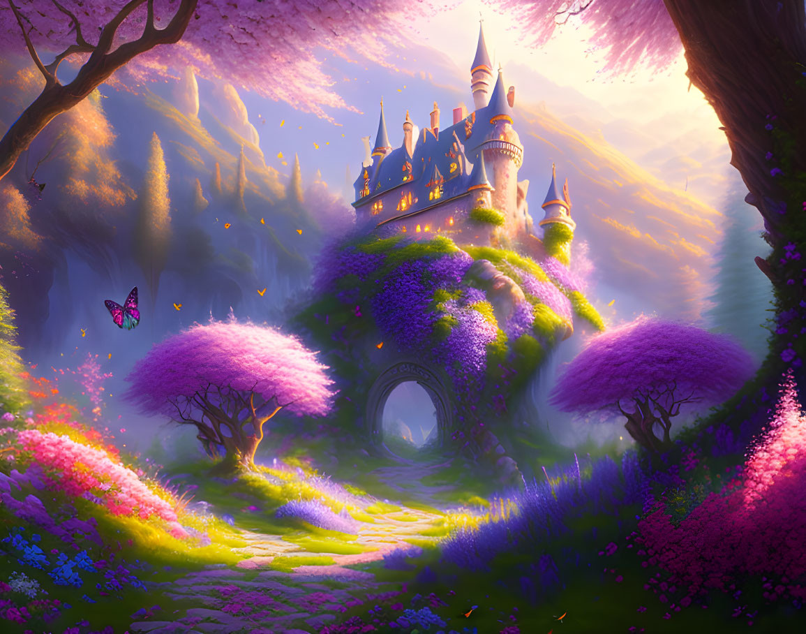 Purple landscape with fairy-tale castle and cherry blossoms