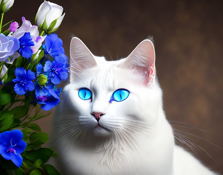 White Cat with Blue Eyes Beside Vibrant Blue Flowers on Warm Brown Background