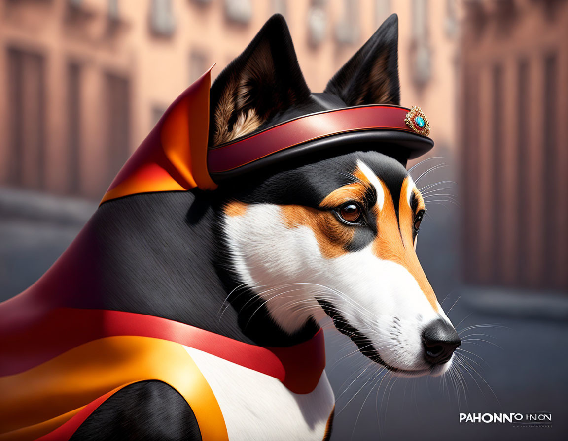 Stylized illustration of corgi in red and gold robe against urban backdrop