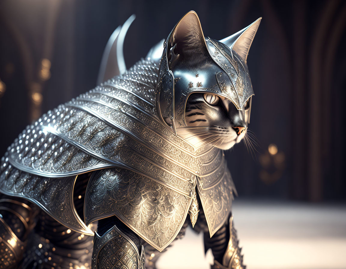 Cat in Intricate Medieval Armor Stands in Dimly Lit Hall