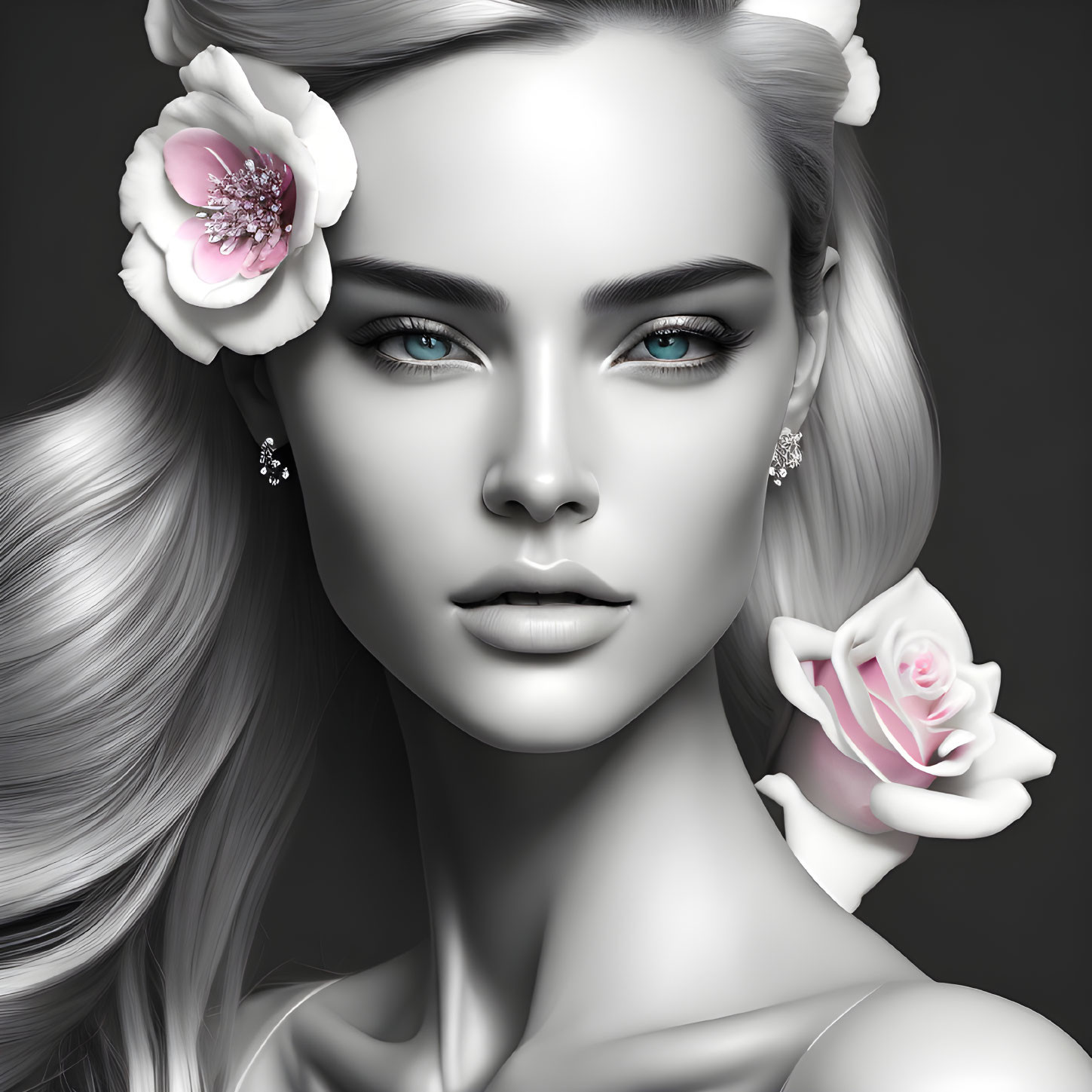 Grayscale image of woman with blue eyes and flowers, elegant and serene