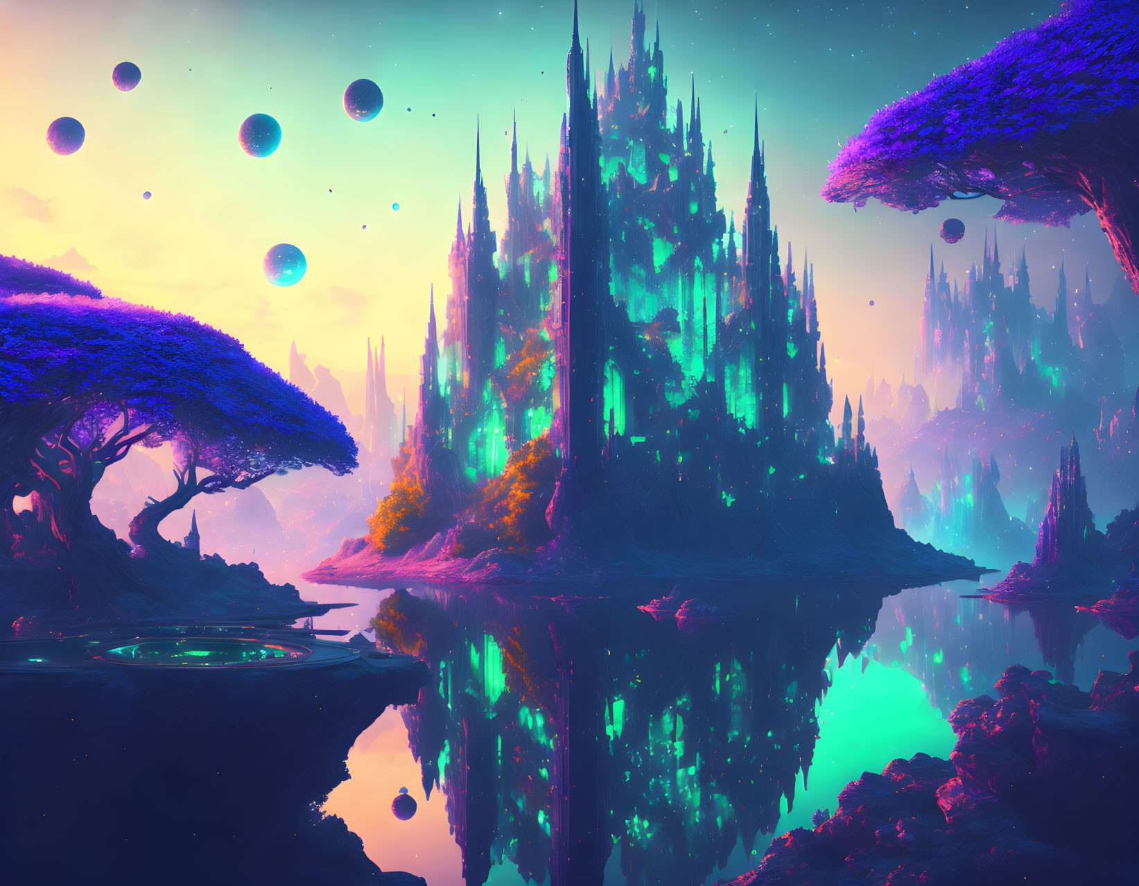 Luminous neon-lit forest on vibrant alien landscape