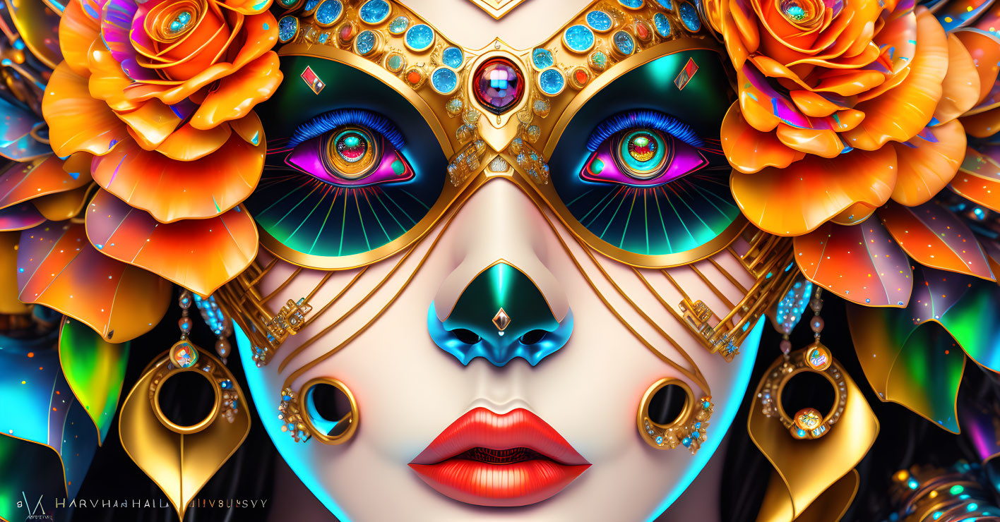 Symmetrical ornate mask with multiple eyes in blue, gold, and orange hues
