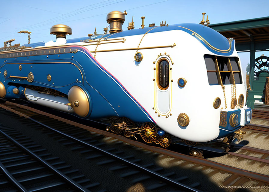 Futuristic blue train with golden accents on railway platform