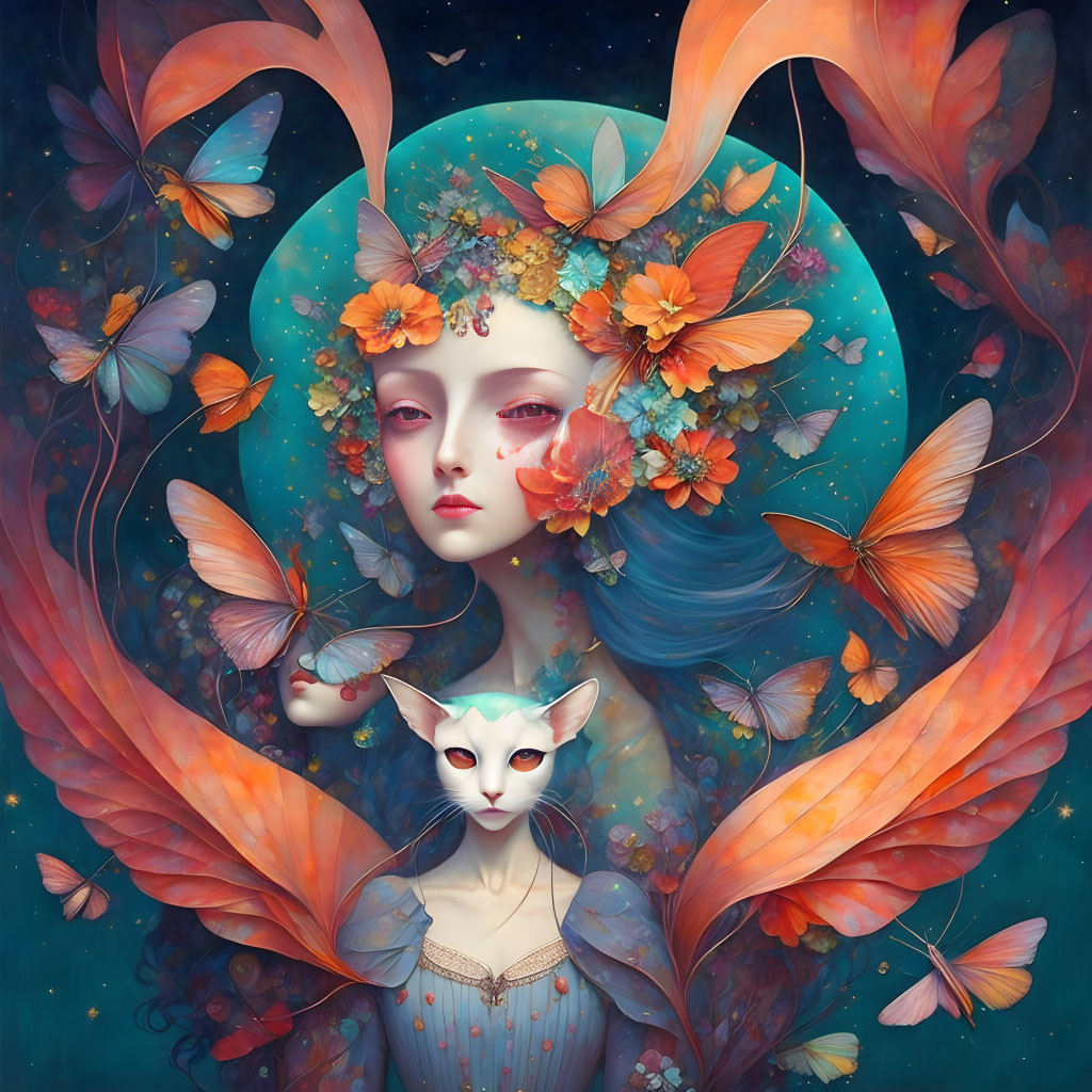 Surreal portrait of pale woman with floral hair and butterflies under full moon