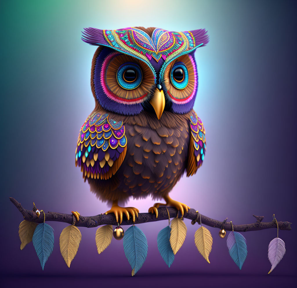 Colorful Stylized Owl Illustration Perched on Branch