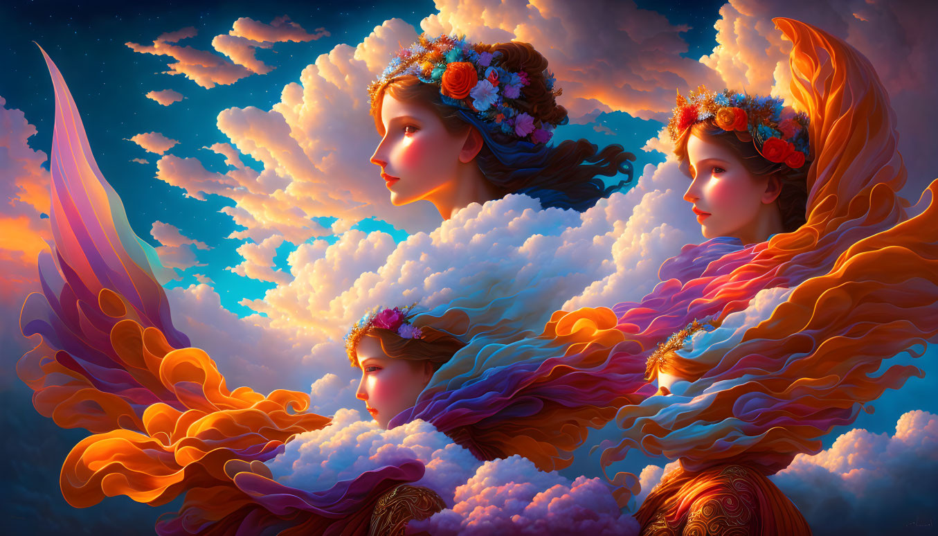 Illustration: Three ethereal women with flowing hair and floral crowns against luminous sunset sky.