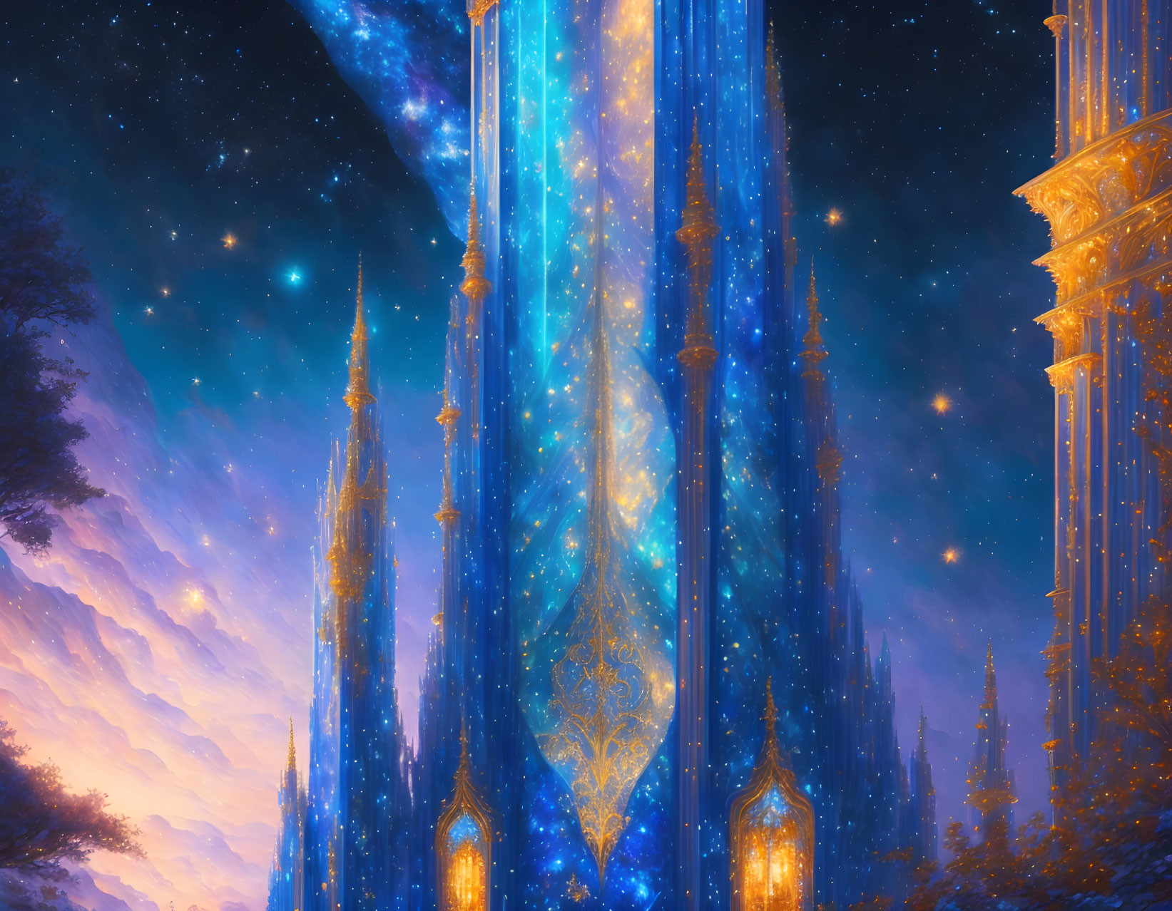 Ethereal fantasy landscape with towering ornate structures and blue light