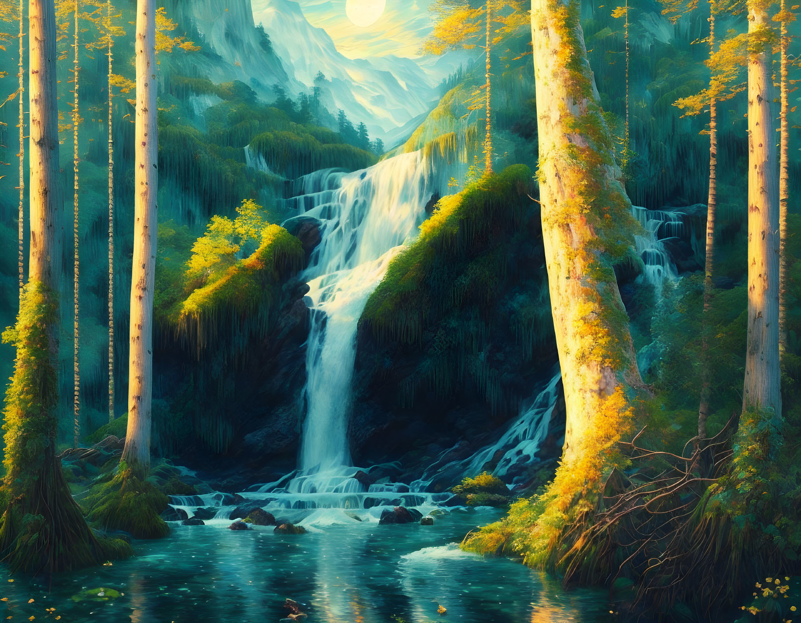 Serene forest waterfall with autumn sunbeams and mist