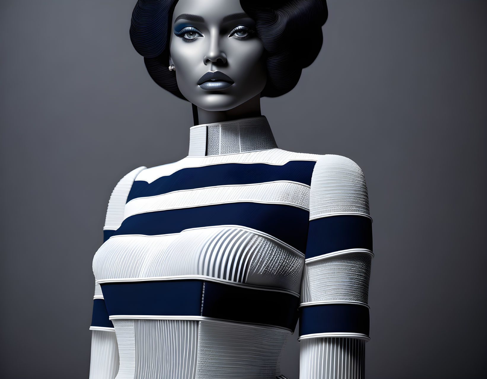 Futuristic female figure with artistic makeup in striped black and white sculptural outfit