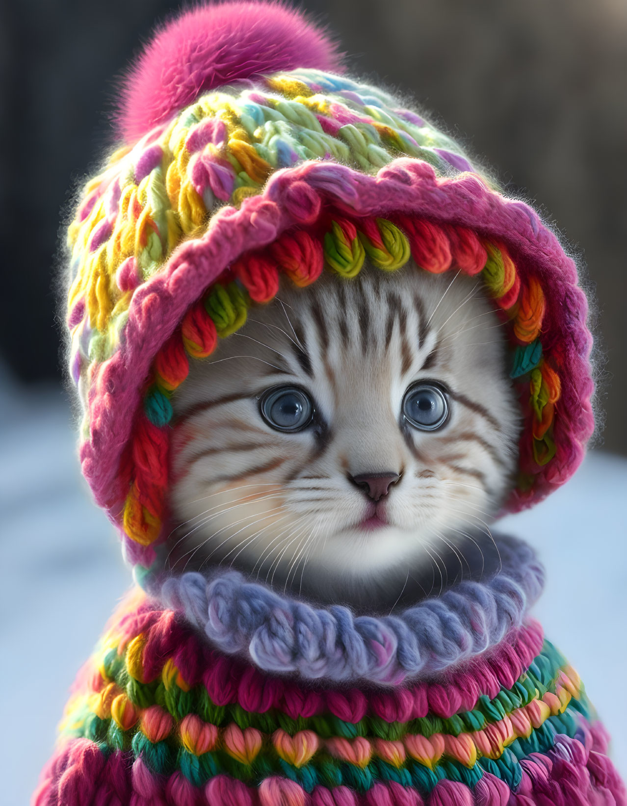 Blue-eyed kitten in colorful knitted hat and scarf cozy and adorable
