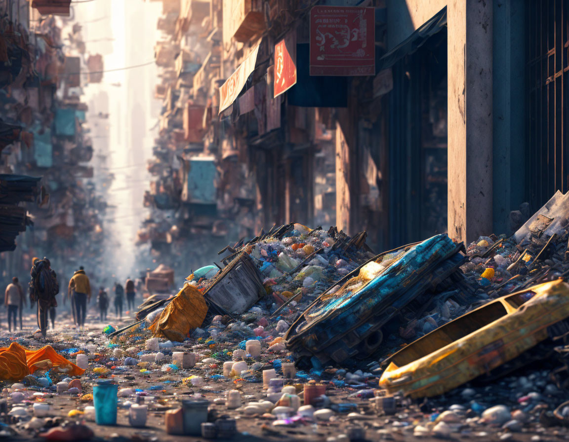 Desolate post-apocalyptic city street with debris and figures in a hazy sky