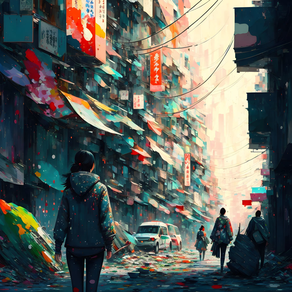 Colorful Urban Street Art Painting of People Walking in Alleyway