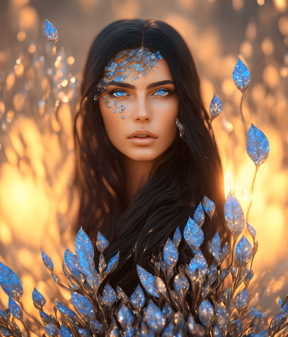 Digital artwork: Woman with blue eyes and crystal leaves in warm backdrop