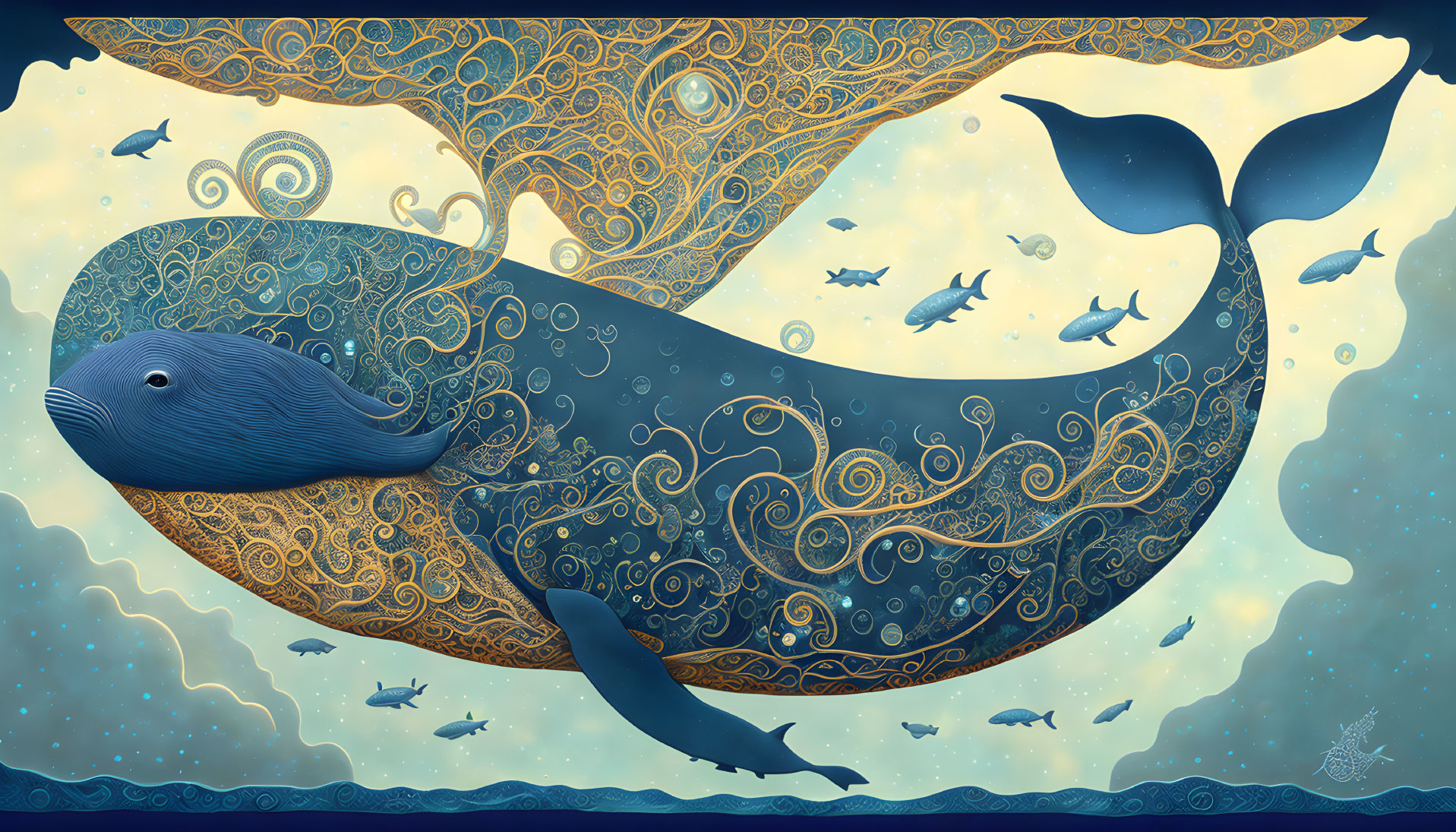 Stylized large blue whale illustration in ocean with ornate patterns and marine creatures under swirl-patterned