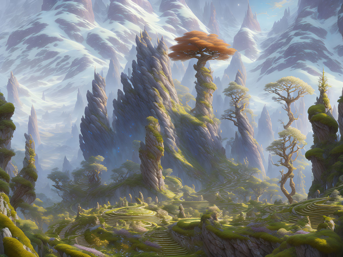 Fantastical landscape with rock spires, snow-capped mountains, and ancient trees.