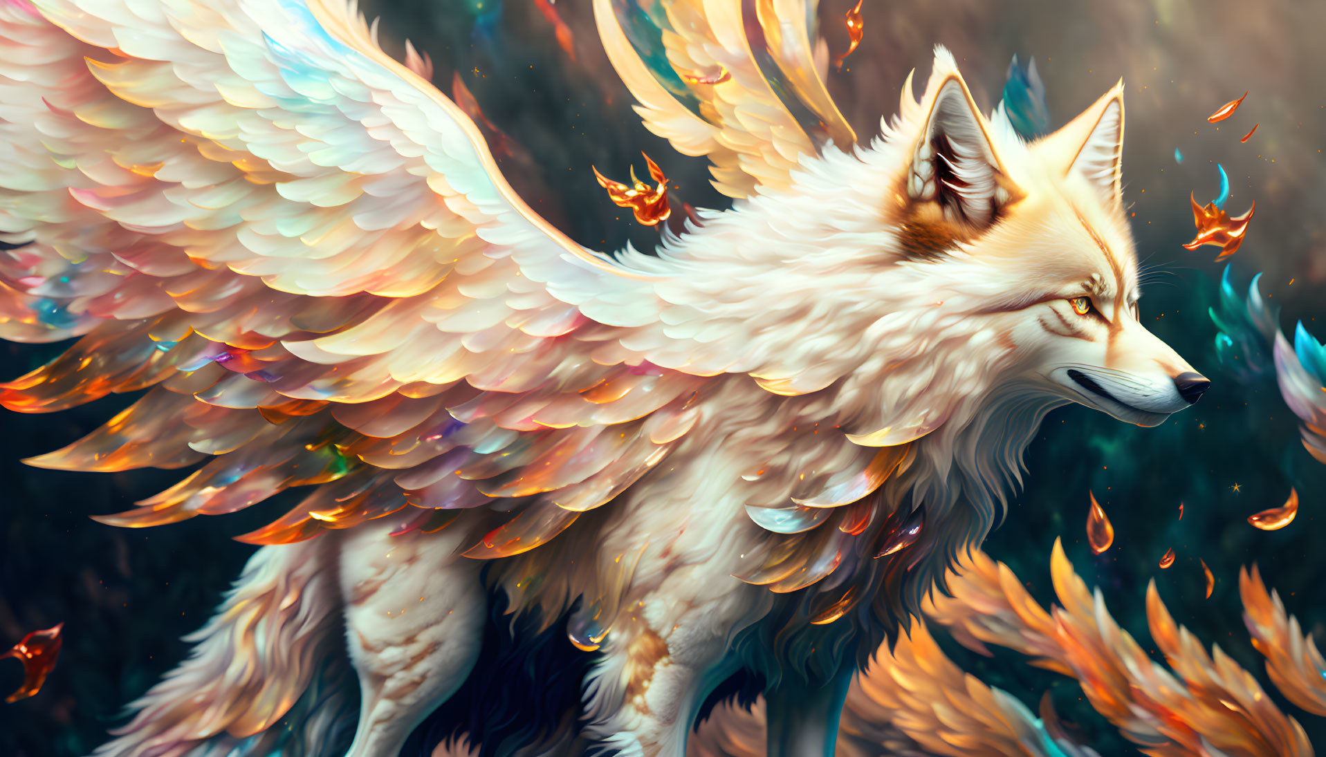 Colorful Illustration of Majestic Winged Fox with Fiery Feathers