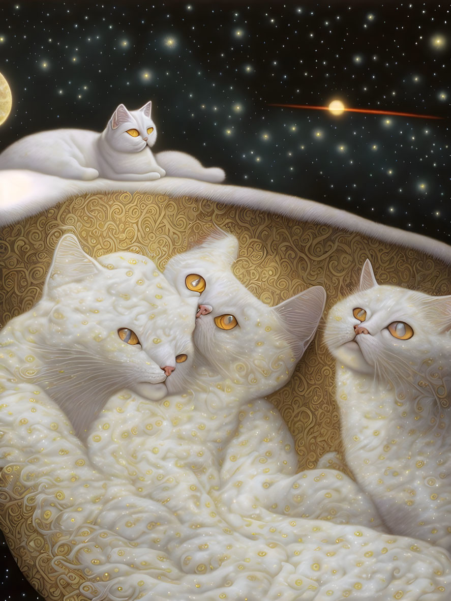 Illustration: Four white cats with golden eyes on golden crescent moon in cosmic background