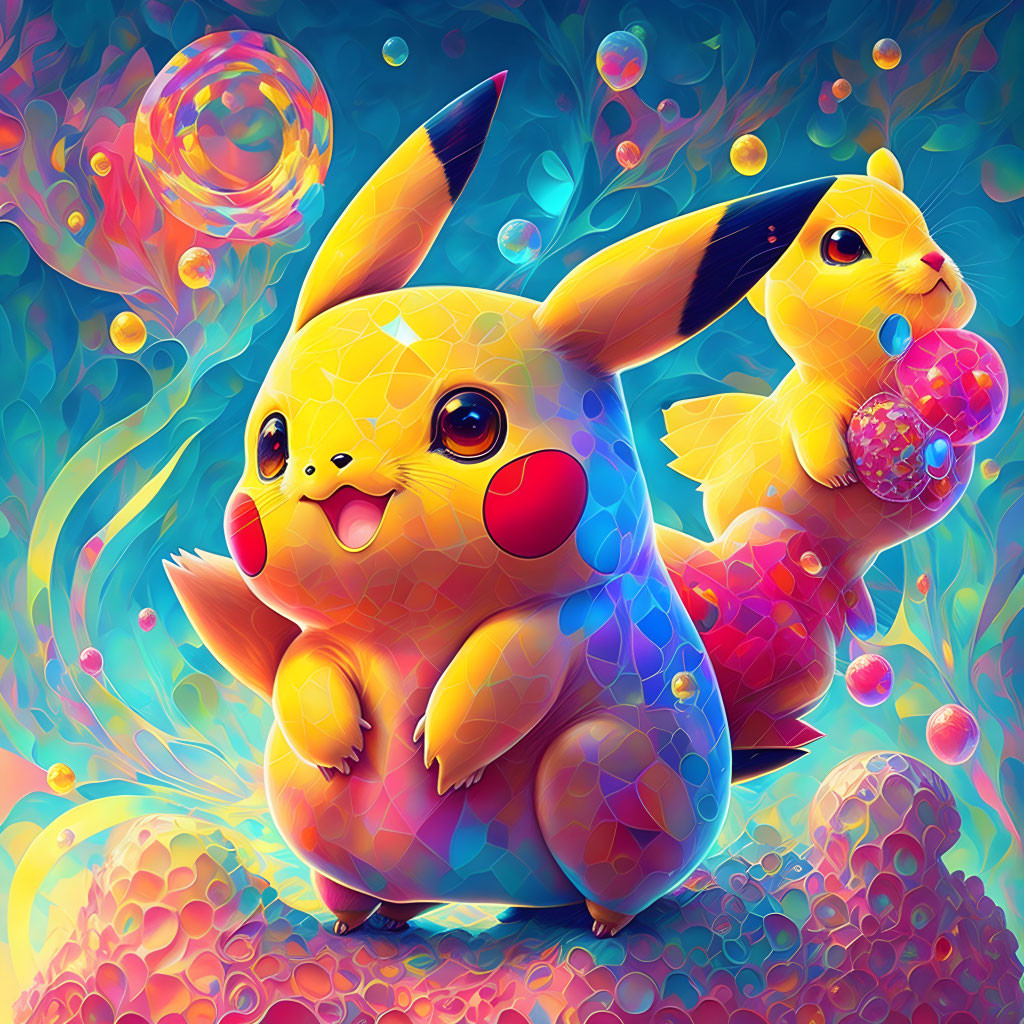 Two Pikachu Characters in Colorful Fantasy Setting with Bubbles and Whimsical Shapes