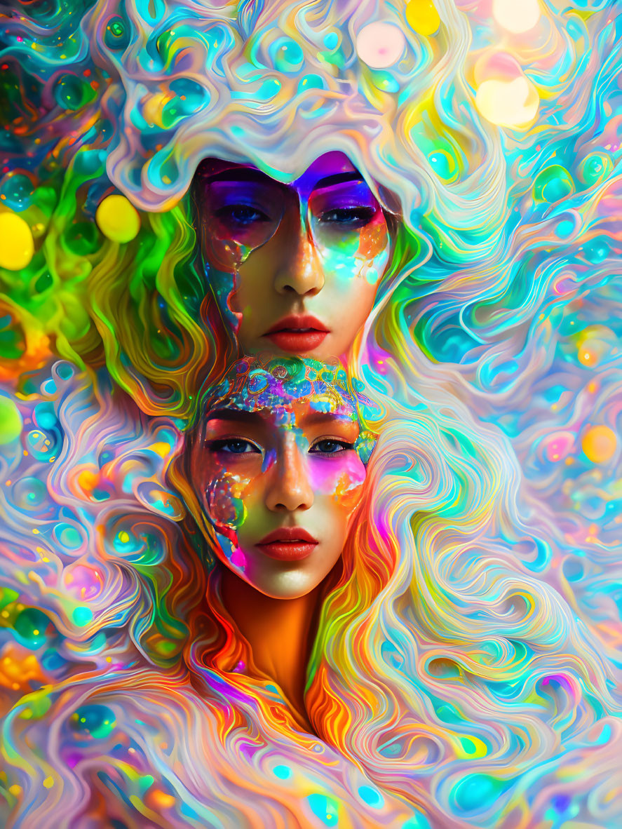 Vividly colored swirling patterns on two faces