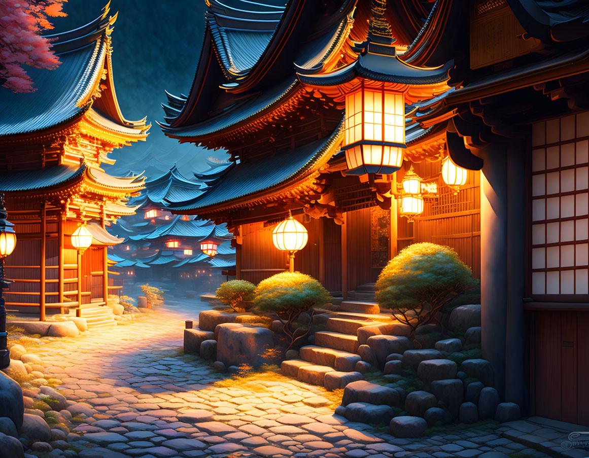Tranquil Japanese temple scene with glowing lanterns and lush greenery