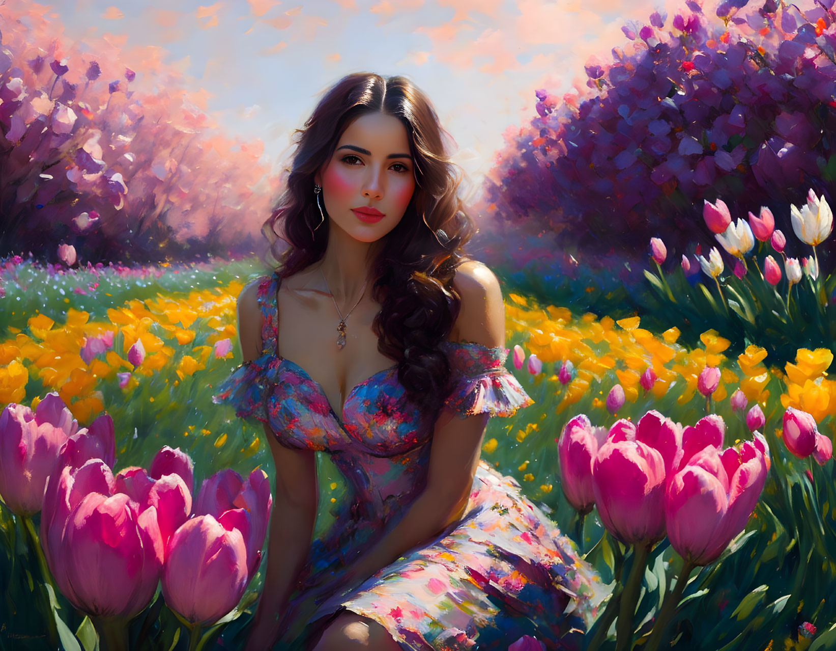 Woman in floral dress surrounded by tulips and pink blossoms in soft sunlight