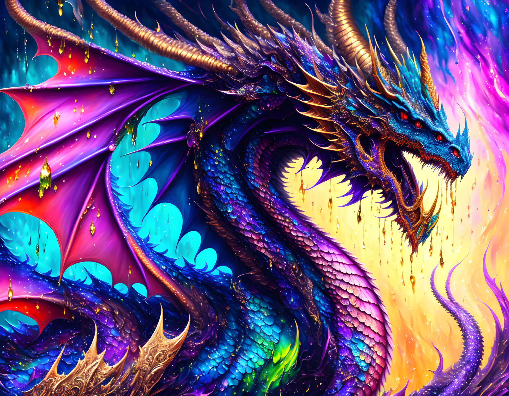 Colorful Dragon with Shimmering Scales and Expansive Wings on Psychedelic Background