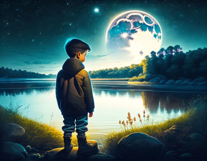 Young boy by river at night under luminous full moon surrounded by tranquil landscape