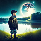 Young boy by river at night under luminous full moon surrounded by tranquil landscape