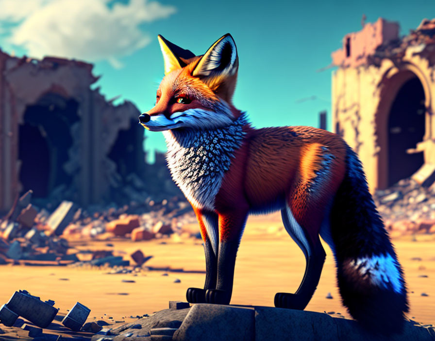Orange Fox Standing on Rock Amid Ruins Under Blue Sky
