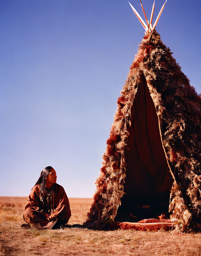 Traditional Attire Person Beside Teepee on Vast Plain