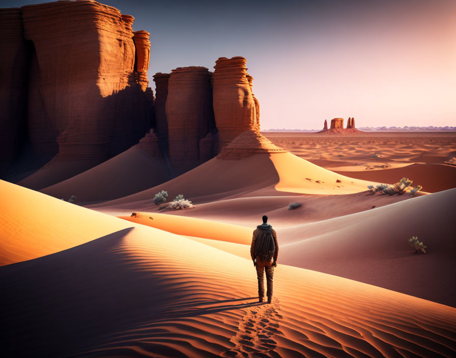 Figure in Desert Landscape with Sandstone Formations at Twilight