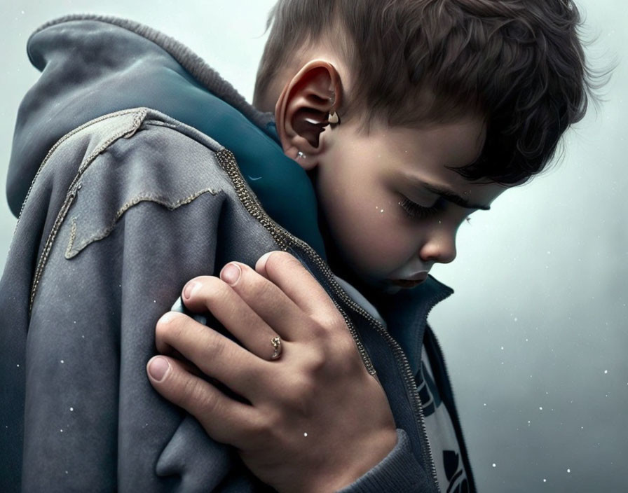 Young boy resting head on comforting arm, looking sad with dew drops on face.