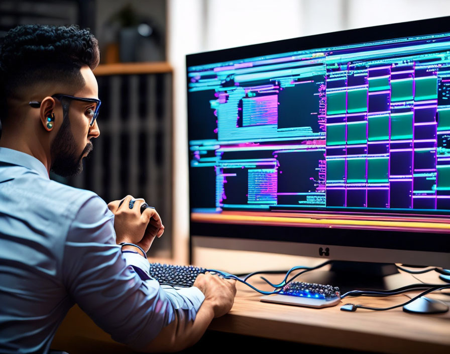 Man analyzing complex code on computer screen in modern office.