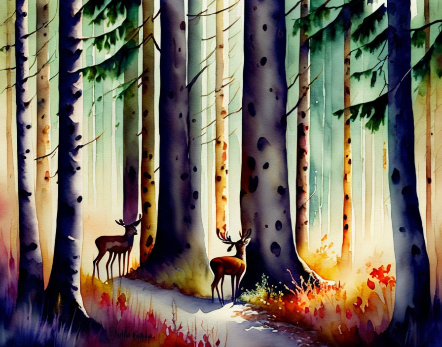 Serene forest scene with tall trees, deer, and dappled sunlight