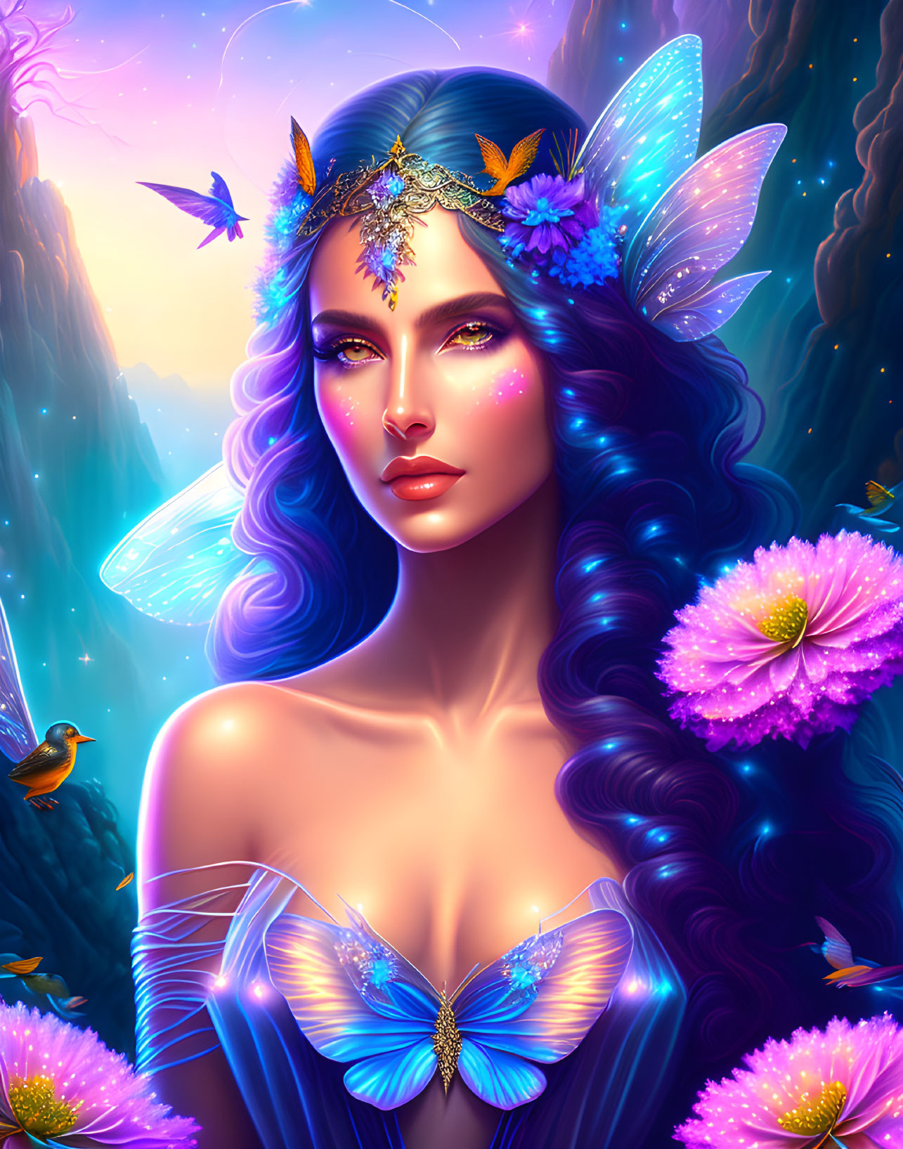 Fantasy fairy with violet hair in magical forest surrounded by flowers and bird