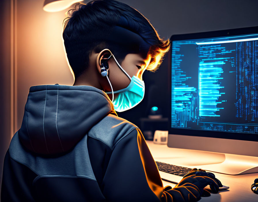 Person wearing face mask and earphones coding on computer screen in dark room.