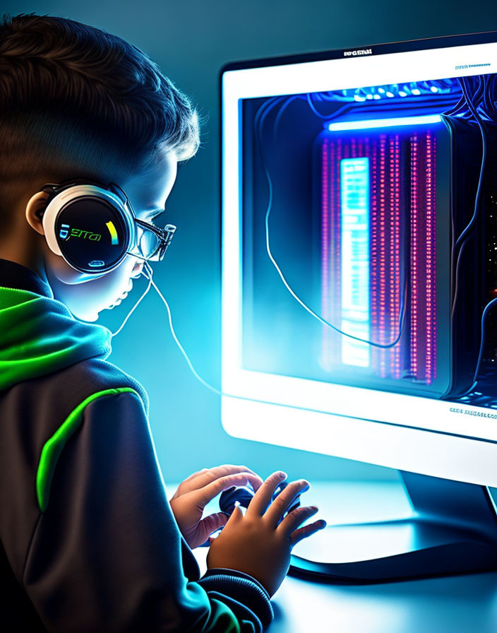Young boy with headphones and computer showing transparent internal hardware.