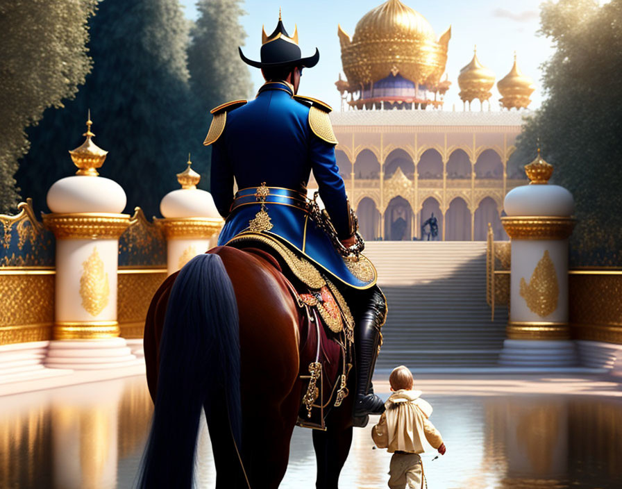 Person in ornate military uniform on horseback near majestic golden palace with ornate domes and trees