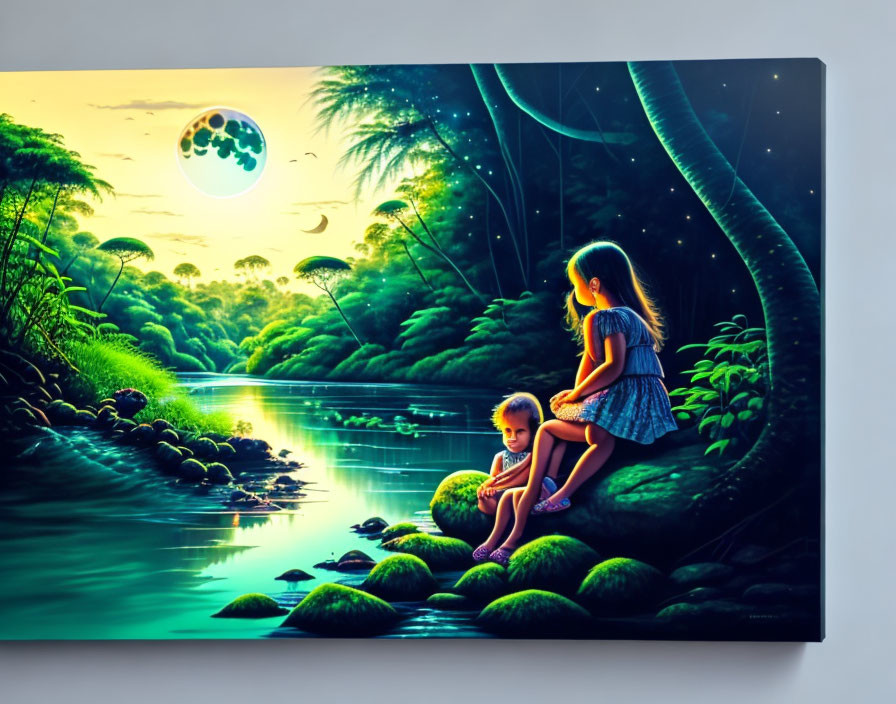 Children sitting by serene river in lush forest with floating orbs and rays of light.
