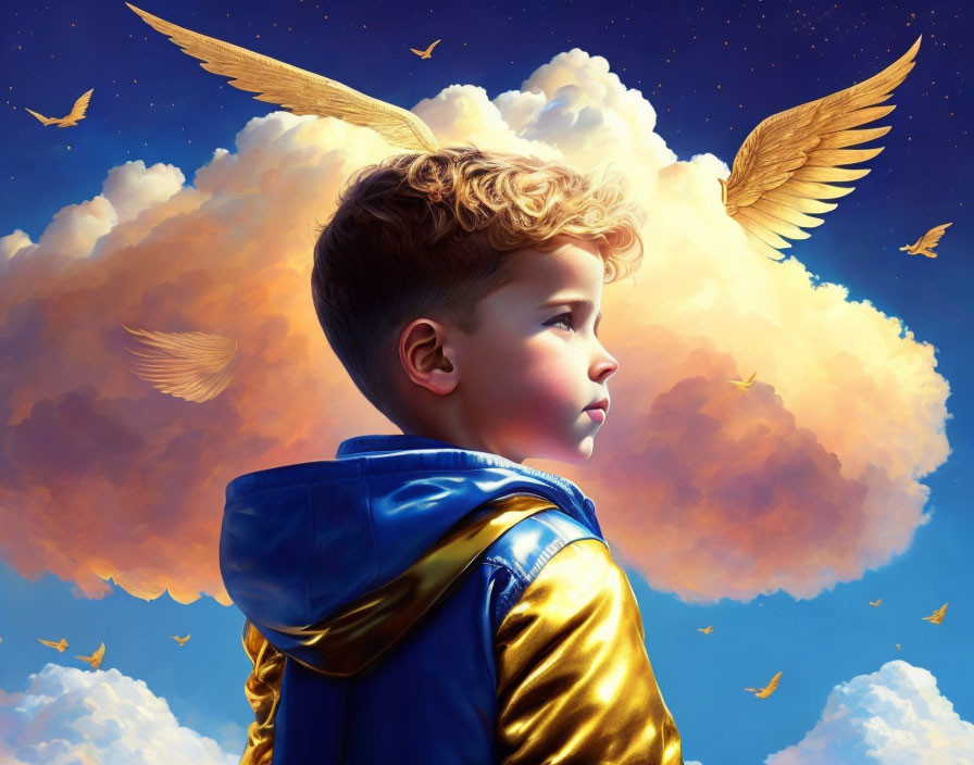 Curly-Haired Boy in Golden Cape Gazing at Blue Skies