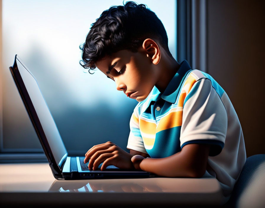 Young boy using laptop by window in natural light