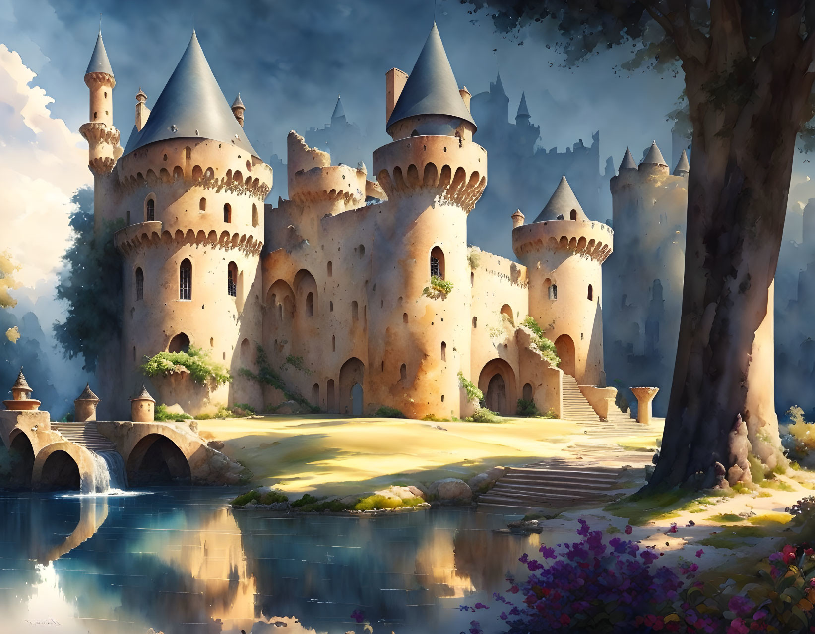 Fairytale castle with multiple spires by serene river