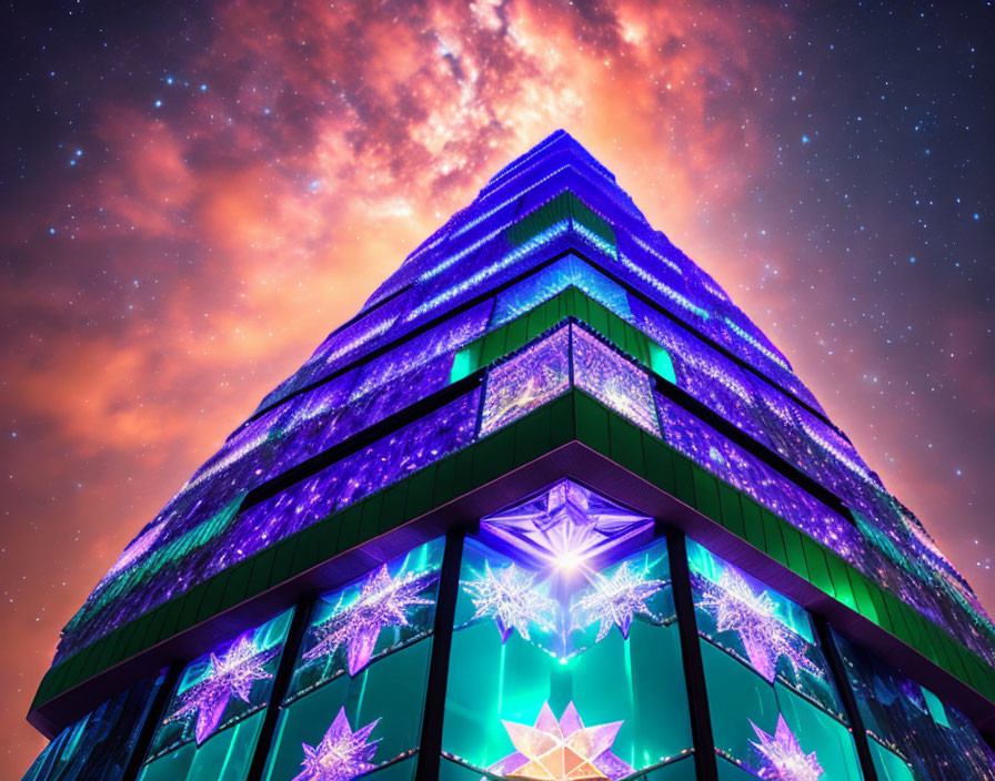 Modern Building Glowing with Neon Lights and Star Patterns