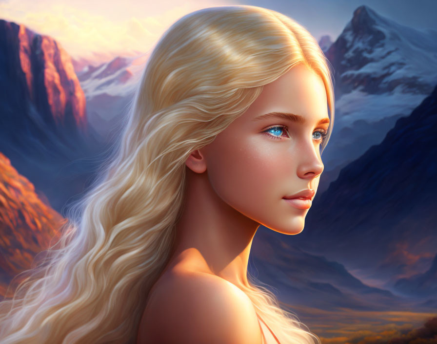 Blonde Woman with Blue Eyes in Mountain Sunset Portrait