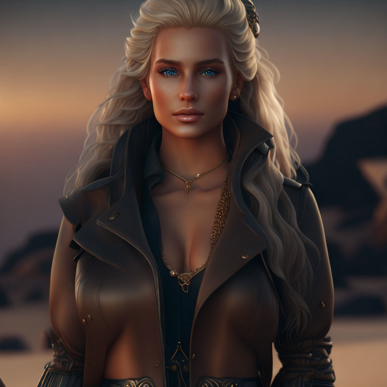 Blonde woman with blue eyes in leather jacket against dusk backdrop