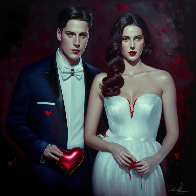 Stylized portrait of man and woman with heart-shaped object in tuxedo and white dress