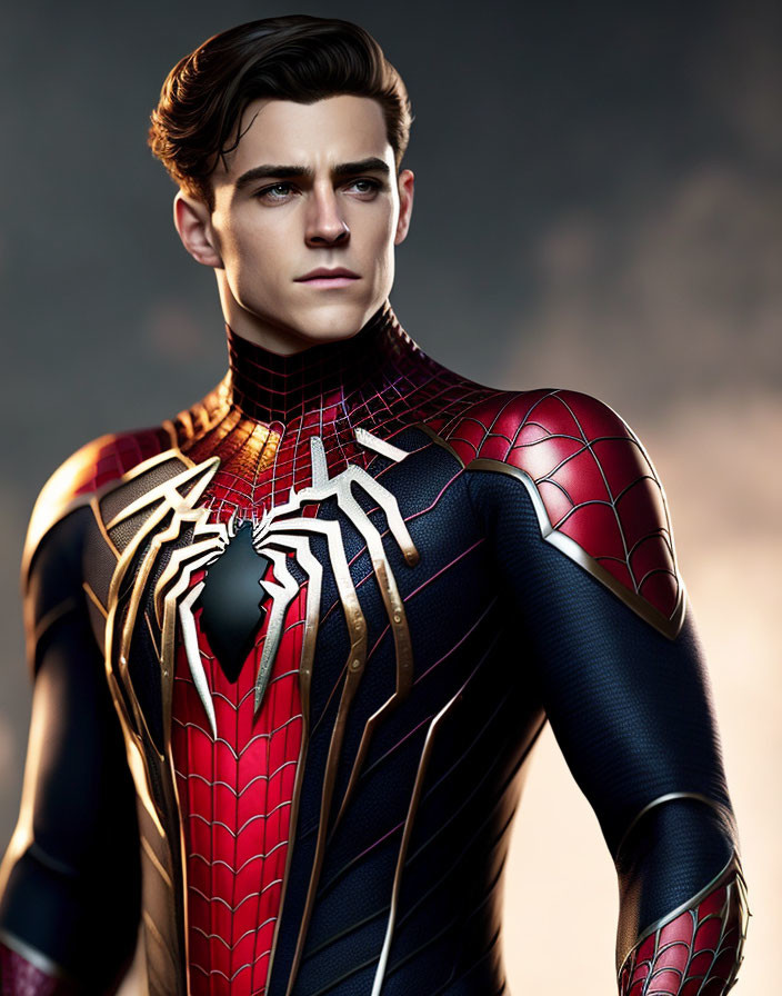 Male character in red and black Spider-Man suit with spider emblem on chest in soft-lit backdrop