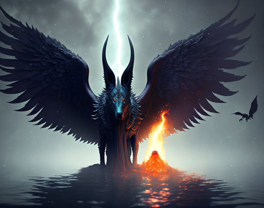 Dark winged creature with horns by small fire under starry night sky