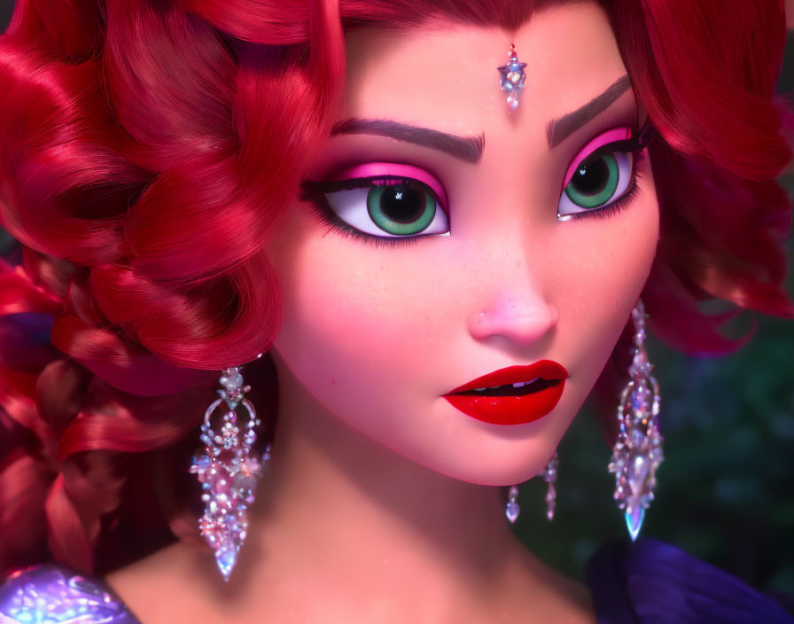 Detailed Close-Up of 3D Animated Female Character with Red Hair and Silver Jewelry